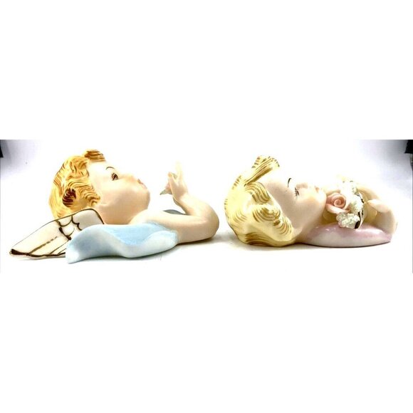 Norcrest Angels Cherub Porcelain Wall Hanging Set 2 Labels Vintage Japan 4.5" - Picture 5 of 13